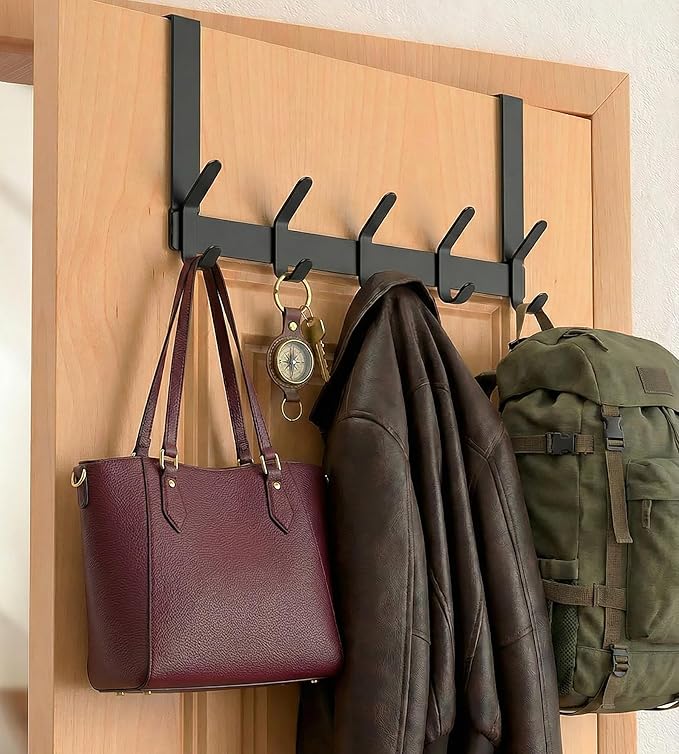 Over The Door Hooks Hanger with 7" Arms for Hanging Heavy Coats, Towel, J7U, Perfectly Fits US Standard 1 3/4-inch Doors, Towel Rack Bathroom Organizer Holder, Rustproof, Black