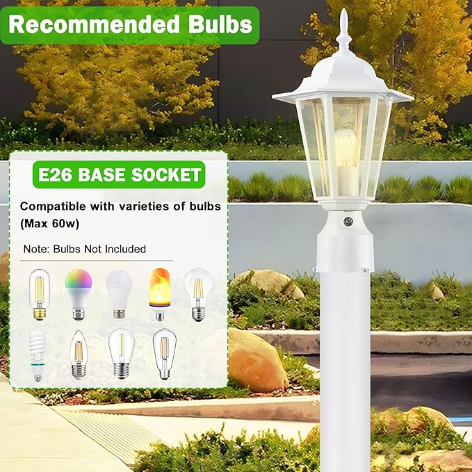 Dusk to Dawn Outdoor Post Light, Pole Lantern, Waterproof Die-Cast Aluminum Pole Light Fixture with Glass, Exterior Post Lamp for Garden Yard Patio Pathway, Matte White, 1-Pack