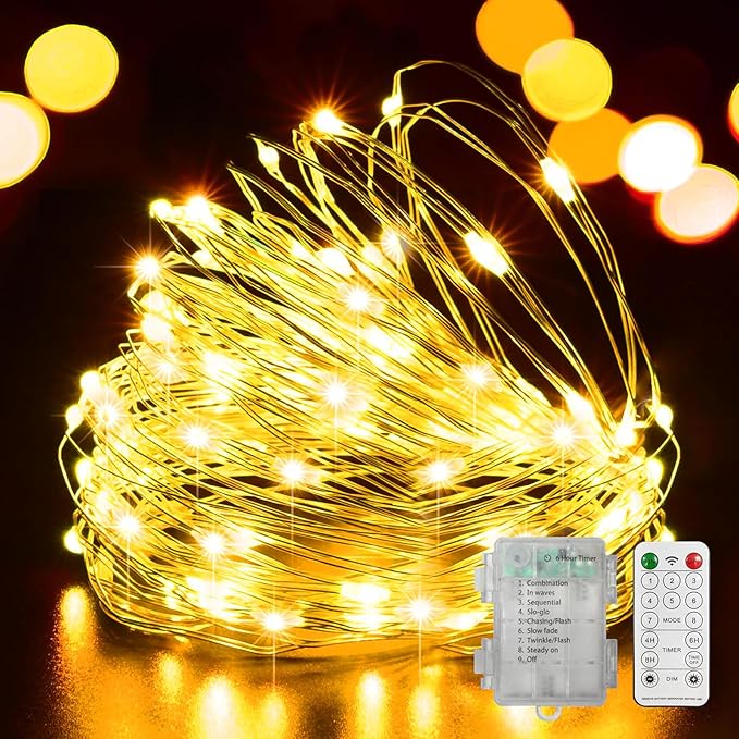 LAMPHOME 100 LED 33FT Fairy Lights Battery Operated with Remote, Mini Starry String Lights,Multi Functions & Timer, Twinkle Light for Christmas Home Bedroom Wedding DIY Centerpiece Decor,Yellow