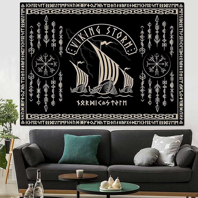 OSUNBD Viking Warship Tapestry Wall Hanging - Large 100x90 inches Storm & Celtic Runes on Soft Flannel Aesthetic Mythology Tapestries Norse Mythology Art for Bedroom, Living Room Decor