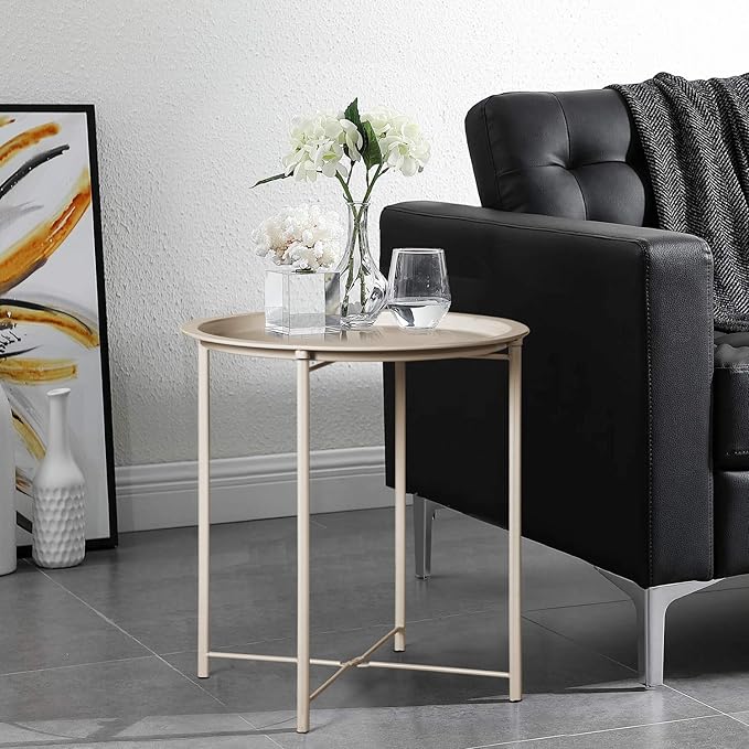 VECELO Side/End Table, Folding Round Metal Anti-Rust and Waterproof Outdoor or Indoor Tray for Living Room Bedroom Balcony and Office, 1 PCS, Grey