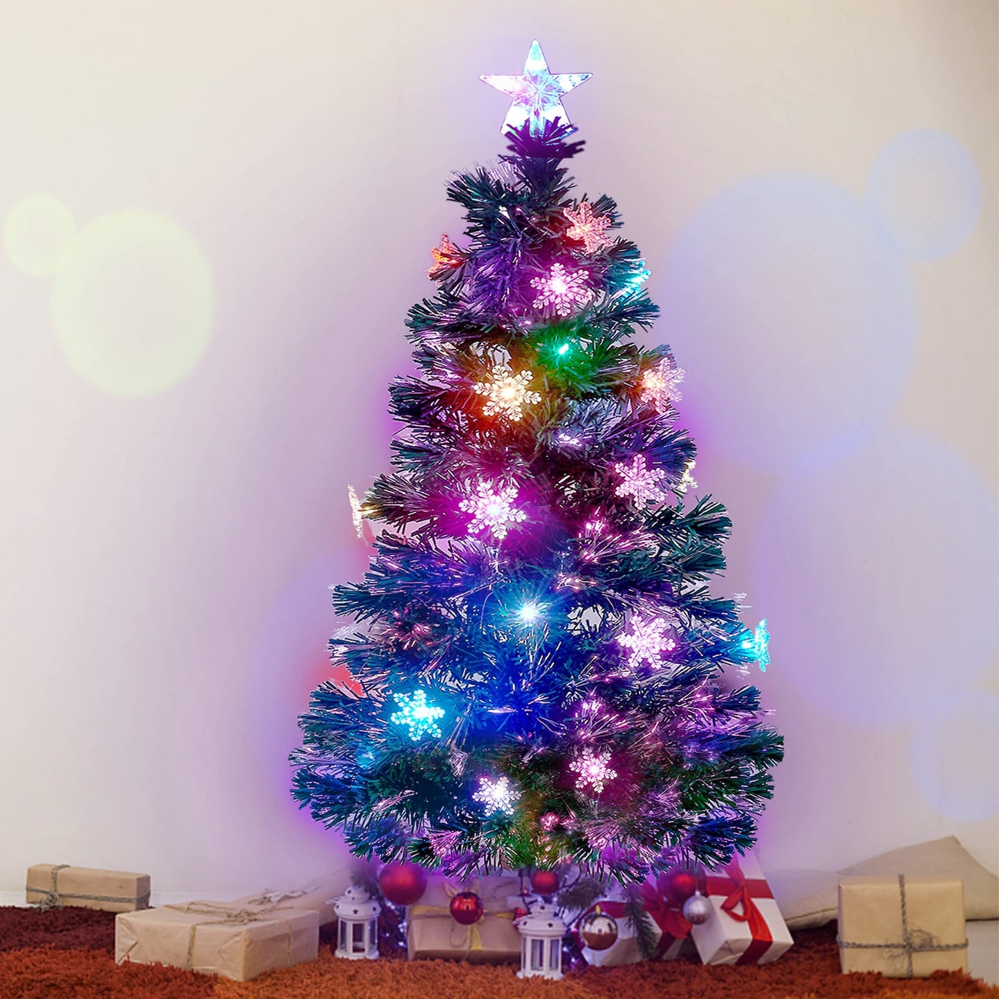 Prsildan 3 FT Artificial Christmas Tree, Pre-Lit Optical Fiber Xmas Trees with Multicolor LED Lights, Snowflakes & Top Star, Lighted Christmas Tree Holiday Home Decor