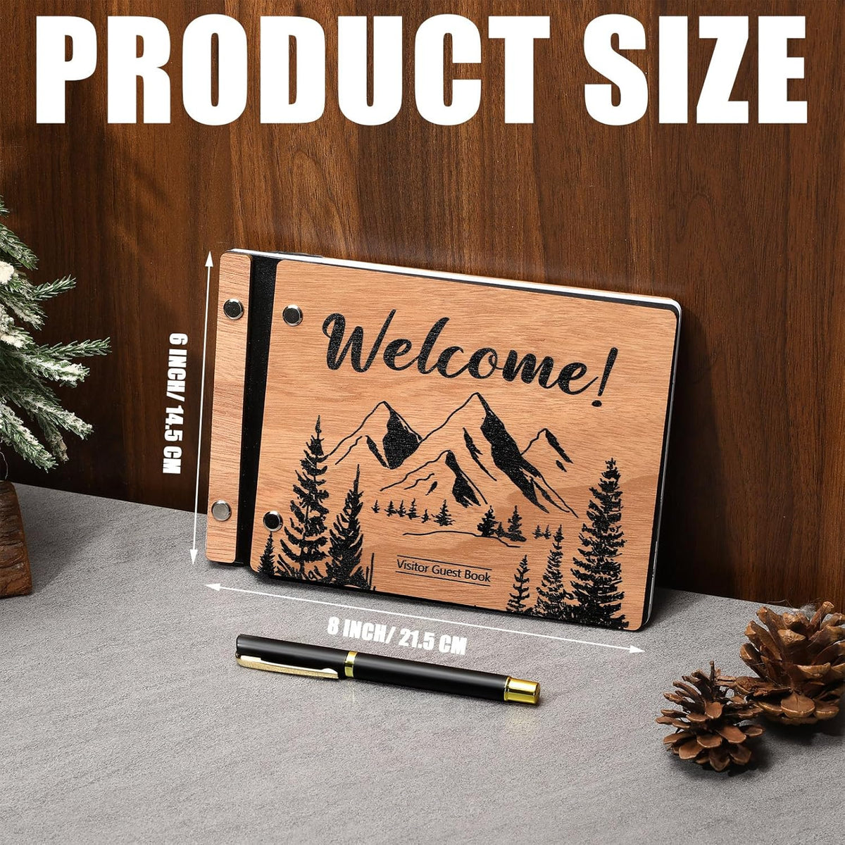 Visitor Wooden Guest Book with Pen 8 x 6 Inches 120 Pages Memory Scrapbook Rustic Signature Party Sign in Xmas Gift for Couple Guests Book