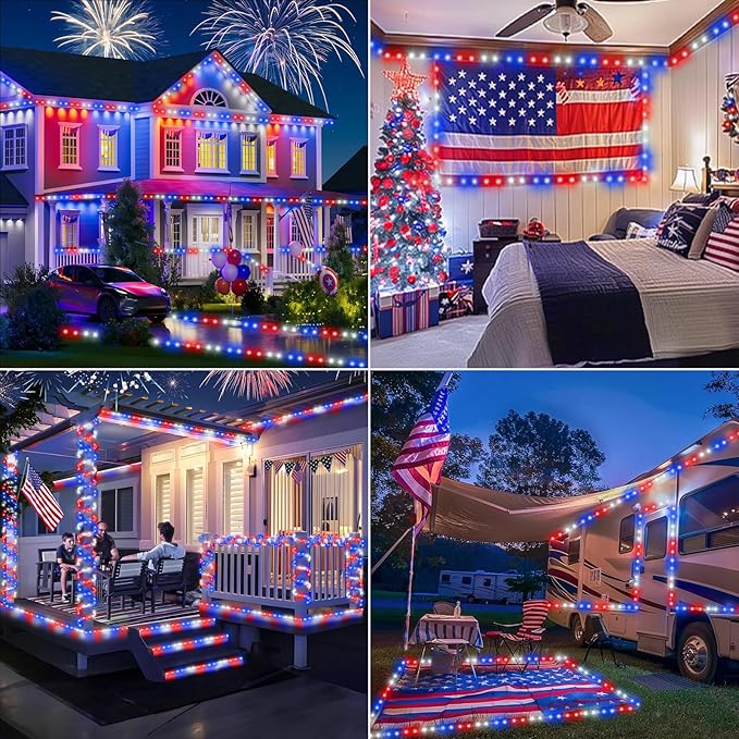 200ft LED Rope Lights Outdoor, 1440 LED Flexible Tube Lights with 8 Modes, Waterproof LED Rope Lighting for Independence Flag Day, Memorial Day, National Day, Outdoor,Indoor Decor (Red & White & Blue)
