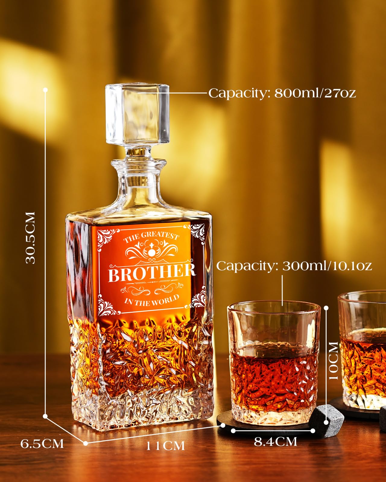 Kollea Christmas Gifts for Brother, 27 Oz Whiskey Decanter Set with 2 Glasses & Whiskey Stones, Best Brother Birthday Gifts from Sister Brother, Unique Cool Anniversary Presents Ideas for Men Him