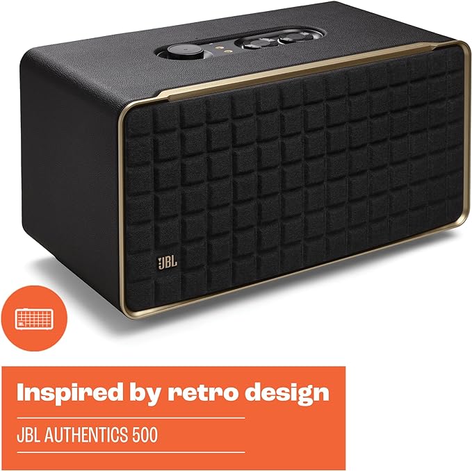 JBL Authentics 500 - Retro Style Home Speaker with Bluetooth, Voice Control, and Dolby Atmos, Multi Room Playback, Built in Alexa and Google Assistant, Automatic self tuning