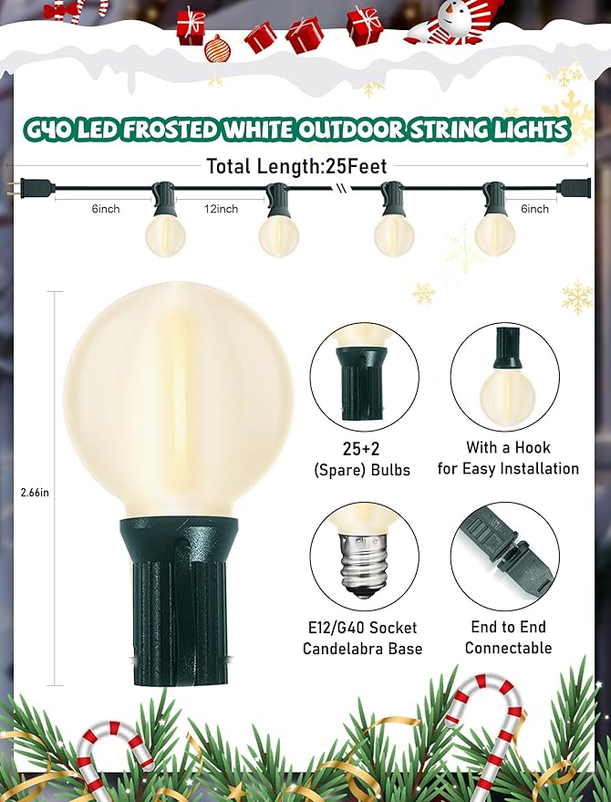 25ft Outdoor Christmas LED String Lights,G40 Frosted White Globe Lights with 27pcs Plastic Bulbs,Round Bulb Christmas Lights for Indoor/Outdoor Wedding Backyard Cafe Garden Xmas Decor