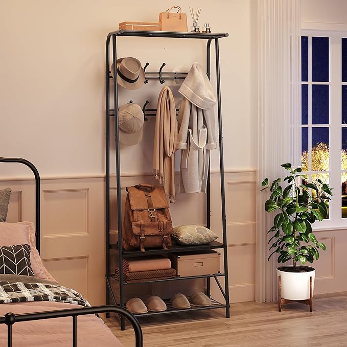 Coat Rack, 4-In-1 Hall Tree, Entryway Shoe Bench Coat Standwith Metal Frame, 3-Tier Shelf and 10 Hooks for Entryway,Hallway, Bedroom