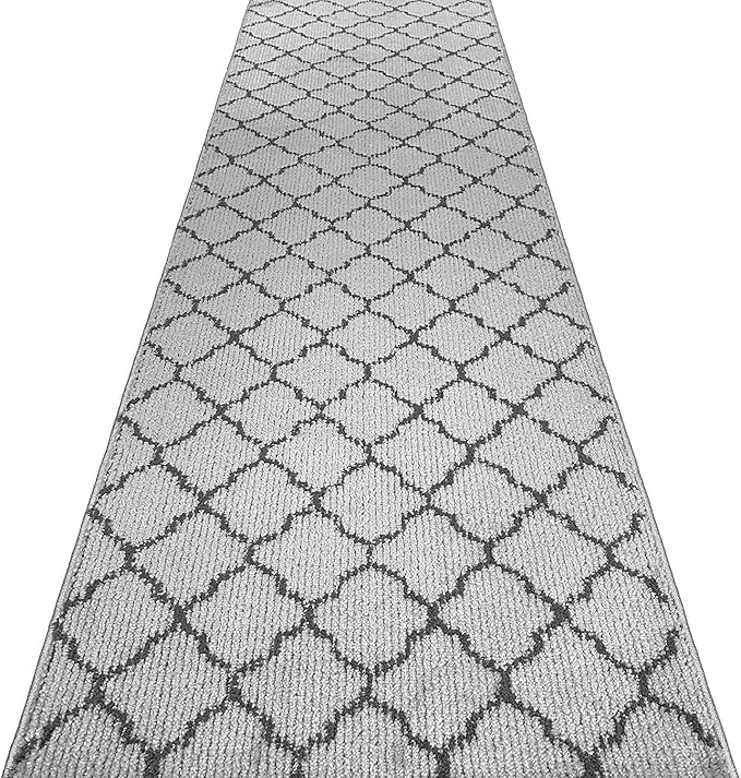 Custom Size Modern Runner Rug Carpet for Hallway Entryway Foyer Kitchen, Slip Resistant Latex Rubber Backed 31 inch Wide X Customized Length, Trellis Grey, 31 inch X 28 feet