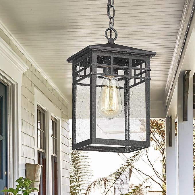 Outdoor Pendant Light Lanterns for Front Porch, Black Exterior Hanging Light Fixtures with Seeded Glass Shade for Patio, Entryway, Garage, Gazebo, RZ009-H BK