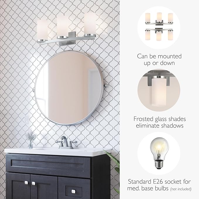 Design House Desta Vanity Light, 3-Light, Curved Bar Design, Frosted Glass Glow, Dimmable, Up/Down Mountable, E26 Socket, Satin Nickel, 22.4 in L x 6.9 in W x 9.5 in H, 589150-SN