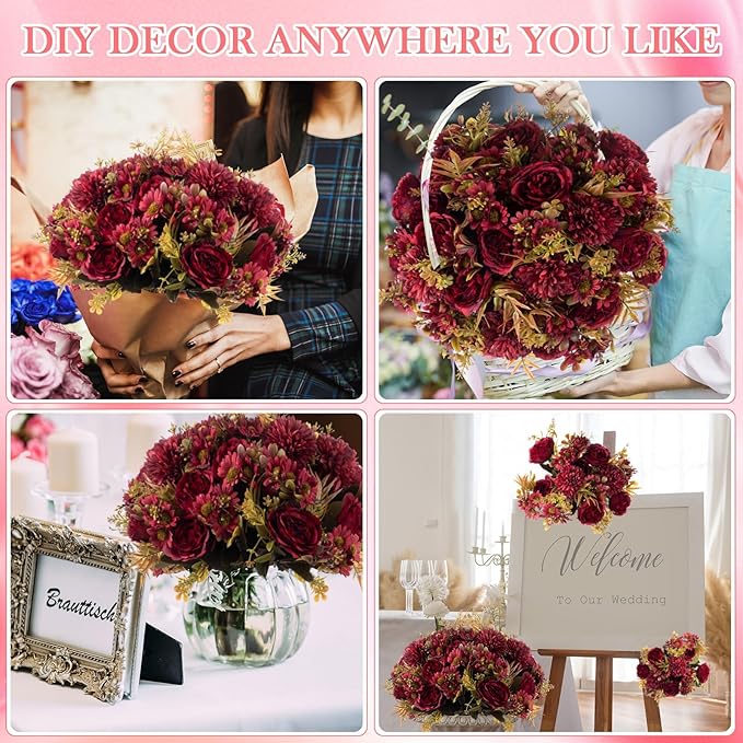 Tigeen Artificial Flowers Artificial Peonies Silk Flowers Faux Peony Fake Peony Silk Hydrangea Bouquet for Wedding Table Centerpiece Floral Vase Decor(Claret,12 Bundles)