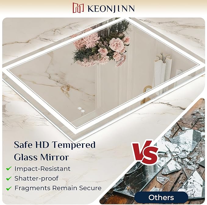 Keonjinn 22" x 32" Lighted Mirrors for Bathroom Wall, Frontlit & Backlit LED Bathroom Mirror, Tempered Glass, 3 Color Lights, Dimmabled, UL-Listed LED Driver, Anti-Fog, Smart Bathroom Vanity Mirror