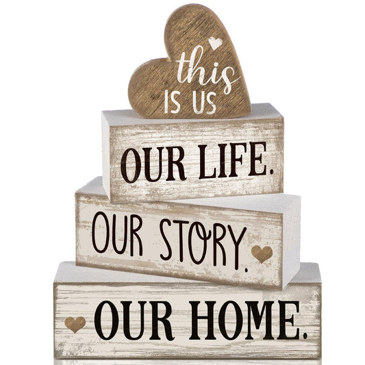 Conelist 4 Pcs Farmhouse Wooden Heart Tabletop Decor Farmhouse Tiered Tray Decor This is Us Centerpiece Decorative Rustic Our Home Block Sign Gift for Table Kitchen Shelf Decoration(Heart)