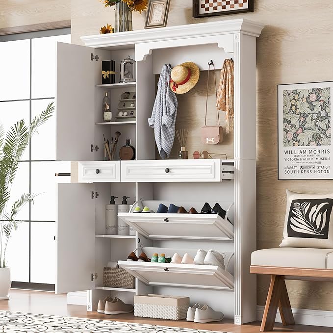 54.7'' Hall Tree with Integrated Shoe Cabinet and Mirrored Cabinet Door, Coat Hanger, Entryway Bench, 4 Hooks and 2 Cabinets, 4-in-1 Design Hall Tree with 2 Flip Drawers for Entrance, Living Room
