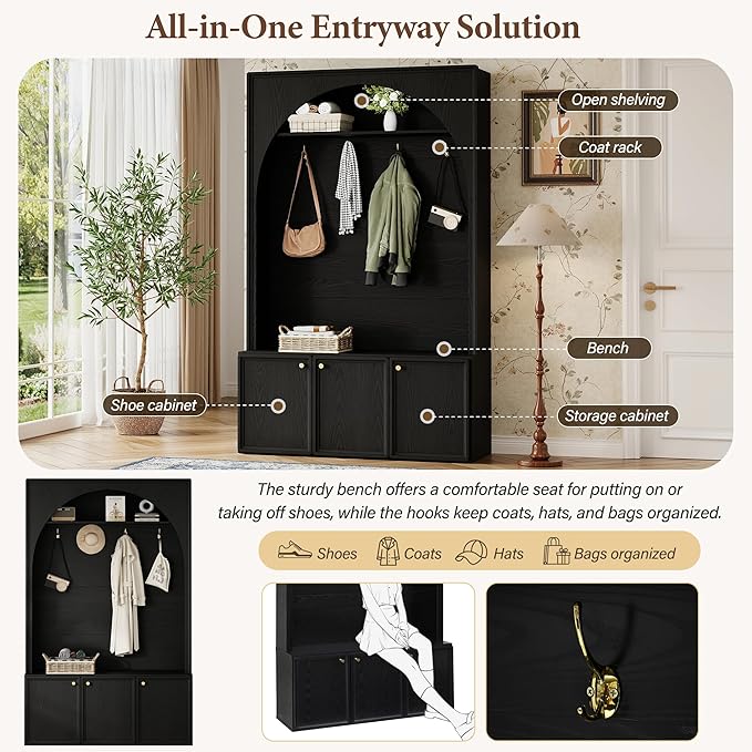 LUMISOL Farmhouse Hall Tree with Storage Bench, Arched Coat Rack with 4 Golden Hooks, Entryway Bench with 3 Cabinets and Adjustable Shelves for Mudroom, Retro Hall Cabinet for Living Room, Black