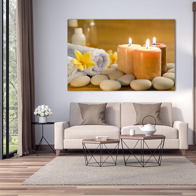 Zen Wall Art Decor, Modern Bathroom Zen Decor Wall Art, Large Zen Relaxing Canvas Wall Art for Spa Room Decor, Pebble and Lighted Candles Zen Canvas Prints for Office & Spa Wall Decor 32x48 Inches