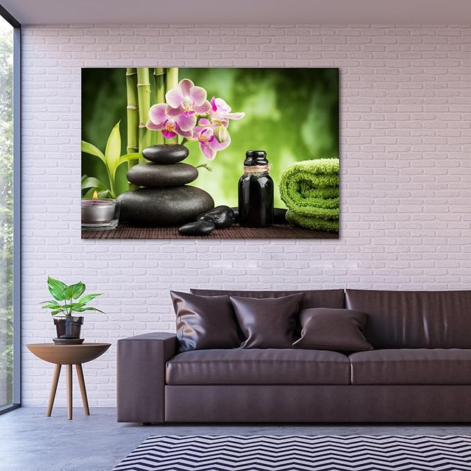 GUTTATY Zen Wall Art Decor, Modern Bathroom Zen Decor Wall Art, Large Canvas Wall Art for SPA Zen Room Decor, Green Bamboo and Pebble Relaxing Art Prints for Office & SPA Wall Decor 32x48 Inches