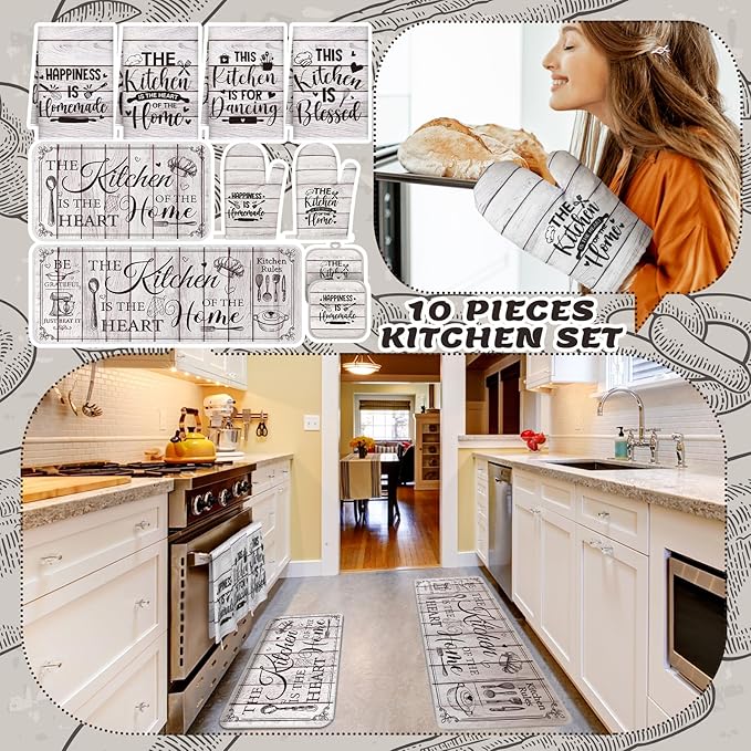 Fourluoo 10 Pcs Farmhouse Kitchen Decor and Accessories Set 4 Kitchen Towels 2 Pot Holders 2 Oven Mitts 2 Rugs for Cooking Baking Mom Housewarming Gifts (Unadorned Color,Stitched Wood Grain)