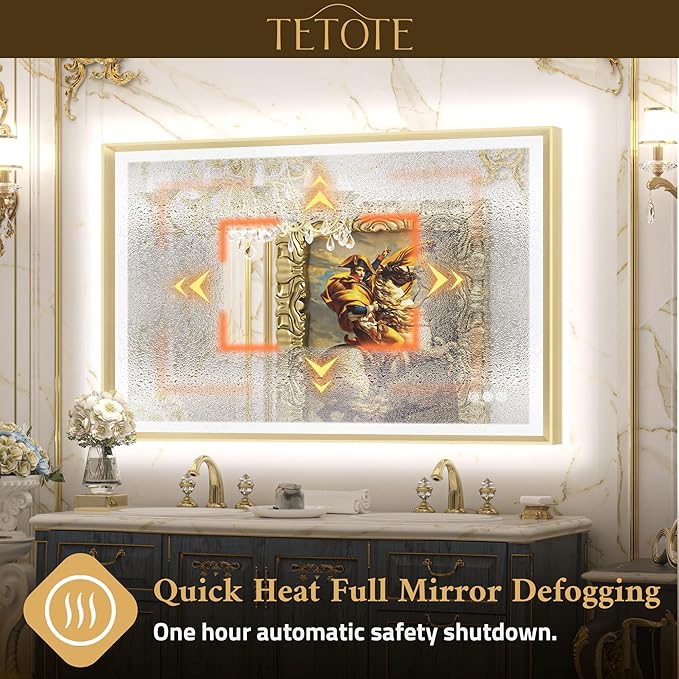 TETOTE 48x24 LED Bathroom Mirror with Lights Gold Frame Frontlit & Backlit Lighted Vanity Mirror Baroque Anti Fog Dimmable White/Warm/Natural,CRI90+,Waterproof,Wall Mounted(Horizontal/Vertical)