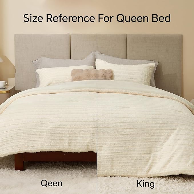 BEDELITE Fleece King Comforter Set -Super Soft & Warm Fluffy Cream White Faux Fur Bedding, Luxury Fuzzy Heavy Bed Set for Winter with 2 Pillow Cases