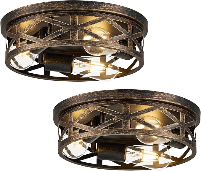VONLUCE Flush Mount Ceiling Lights, 3-Light Hallway Ceiling Lighting Fixtures, 13 inch Farmhouse Metal Cage Ceiling Lights for Entryway Kitchen, Adjustable Lamp Holders, 2 pcs, Oil-Rubbed Bronze