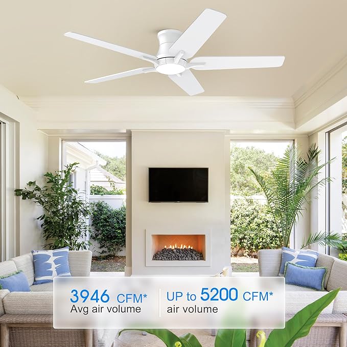 52 Inch White Ceiling Fans with Lights and Remote, Flush Mount Low Profile Ceiling Fan for Bedroom, Living Room, Patio, Dimmable 6 Speeds Noiseless Reversible, ETL Listed
