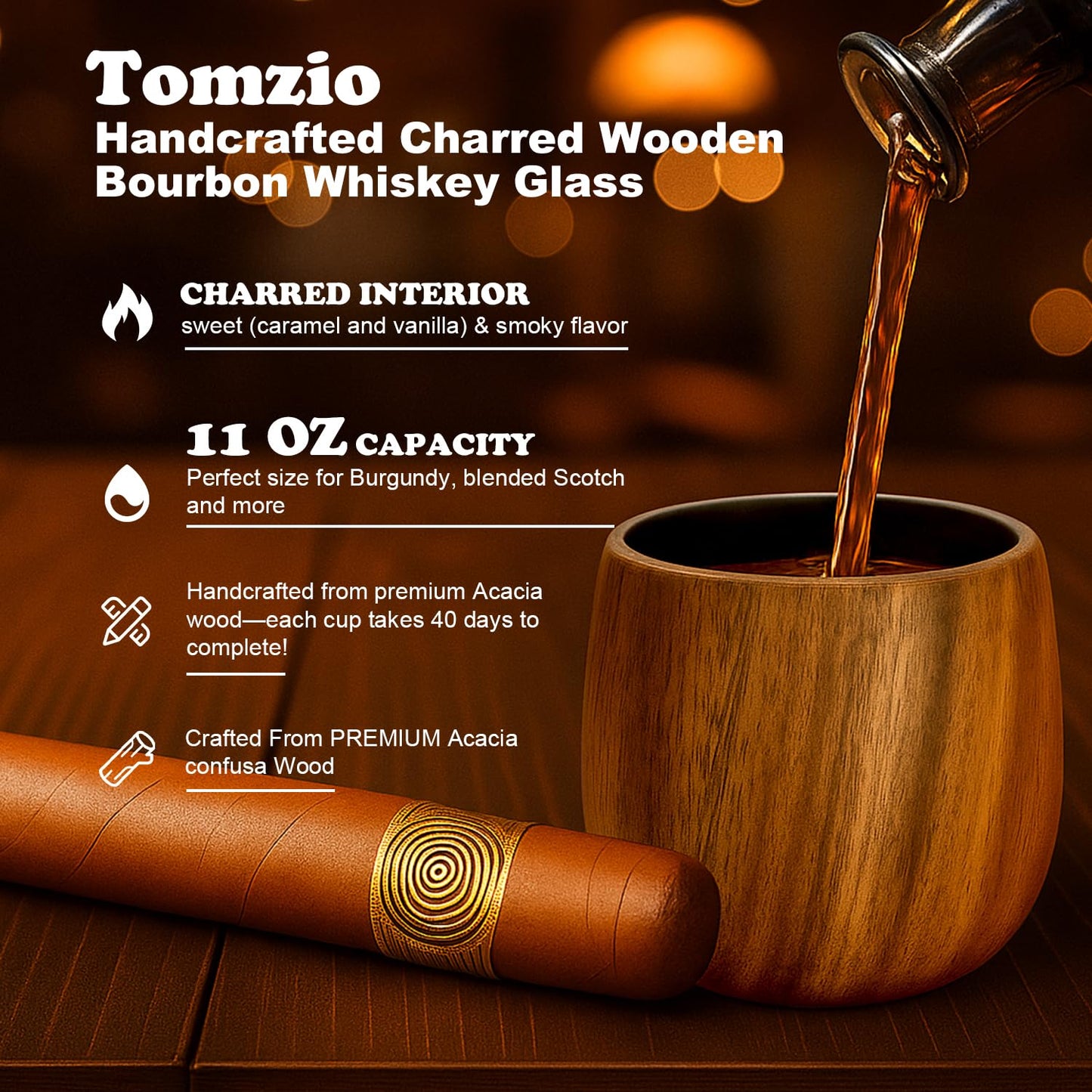 Original Charred Wooden Bourbon Drinking Glass Set,11oz Handcrafted Premium Acacia Whiskey Tumbler, Bourbon Gifts for Men, Dad or Brother, Whiskey Gifts for Men Who Have Everything