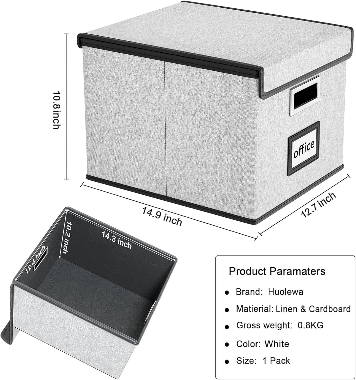Huolewa Decorative File Storage Organizer Box with Lid, Portable Collapsible Linen Hanging Filing & Storage Boxes for Office/Decor/Home (White) - 14.9 x 12.7 x 10.8 inch - 1Pack