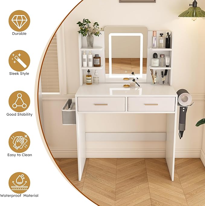 Small Makeup Vanity Desk with Mirror and Lights, Vanity Table Set with 2 Storage Drawer & Open Shelves, 3 Lighting Colors, Adjustable Brightness Makeup Vanity, White