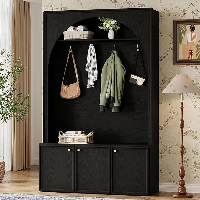 LUMISOL Farmhouse Hall Tree with Storage Bench, Arched Coat Rack with 4 Golden Hooks, Entryway Bench with 3 Cabinets and Adjustable Shelves for Mudroom, Retro Hall Cabinet for Living Room, Black