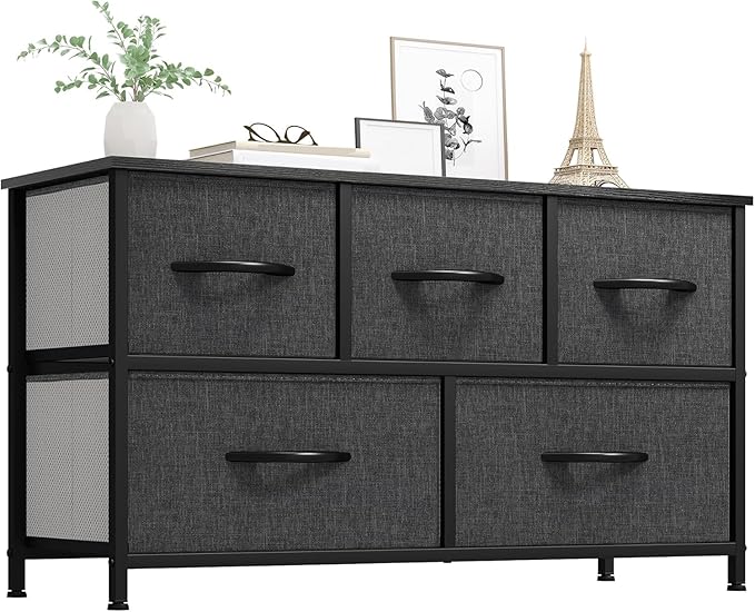 YITAHOME Dresser with 5 Drawers - Fabric Storage Tower, Black Dresser & Chest of Drawers, Organizer Unit for Bedroom