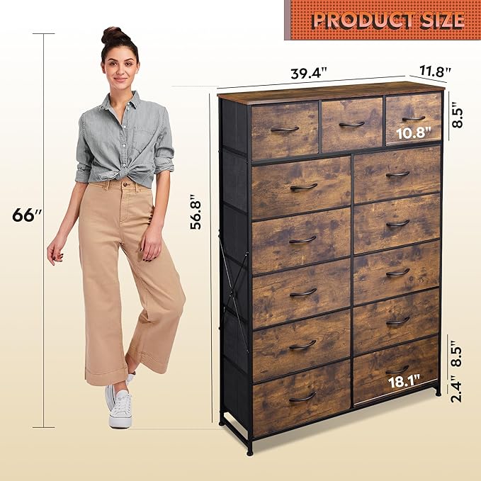 WLIVE Storage Organizer Unit with 13 Fabric Bins, Storage Drawers Organizer with Steel Frame, Tall Storage Tower Organizaton for Living Room, Hallway, Office, Rustic Brown Wood Grain Print
