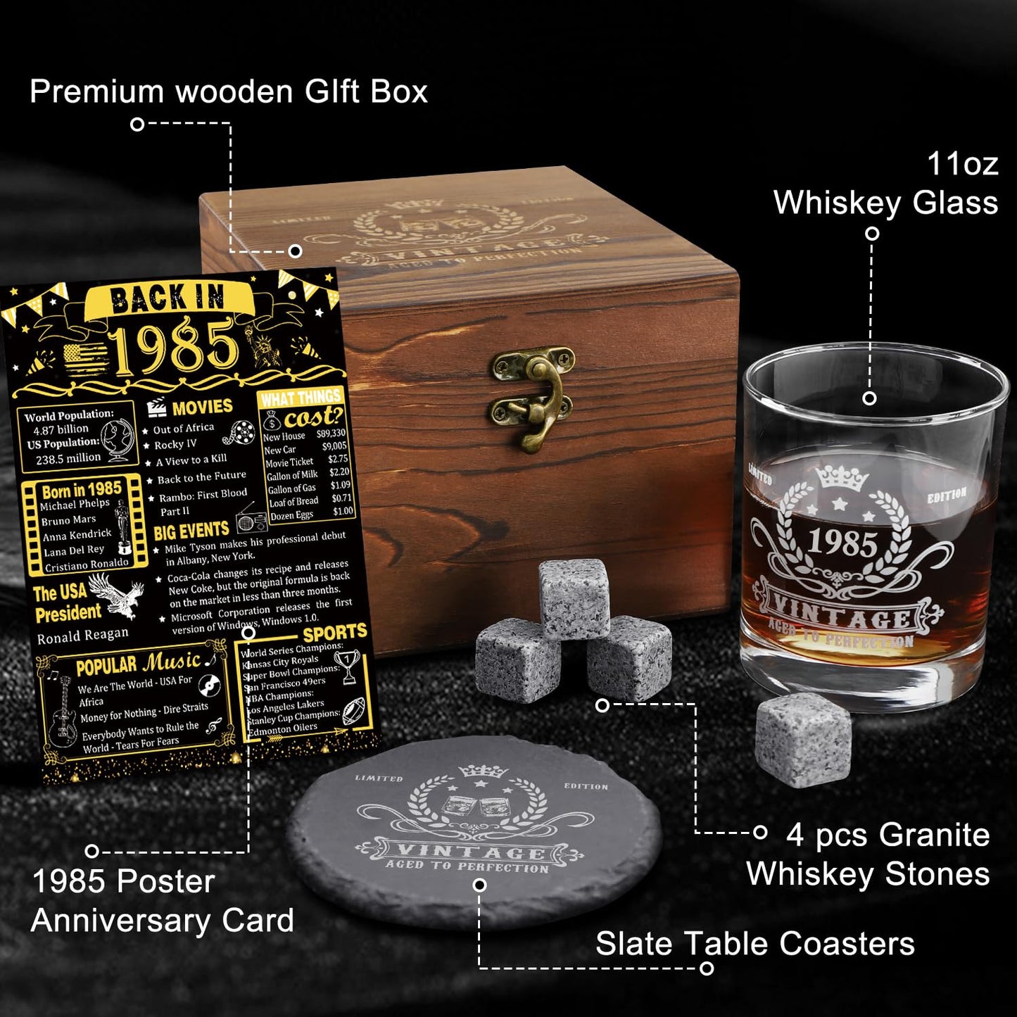 YeohJoy 40th Birthday Gifts for Men,Vintage 1985 Whiskey Glass Set,Wood Box & Whiskey Stones & 1985 Poster Anniversary Card & Coaster,Birthday Gifts Ideas for Him,Husband,Dad