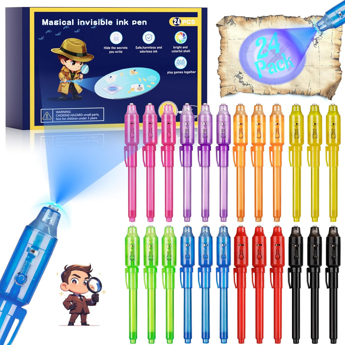 Invisible Ink Pen 24Pcs, Spy Pens with UV Light, Magic Marker, Classroom Prize, Birthday party favors for kids 8-12, Kids Christmas Gift Stocking Stuffers