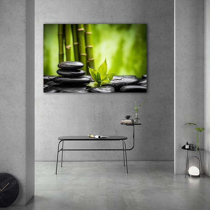 GUTTATY Zen Wall Art Decor, Modern Bathroom Zen Decor Wall Art, Relaxing Canvas Wall Art for Spa Zen Room Decor, Green Bamboo Forest and Pebble Art Prints for Office & Spa Wall Decor 28x40 Inches