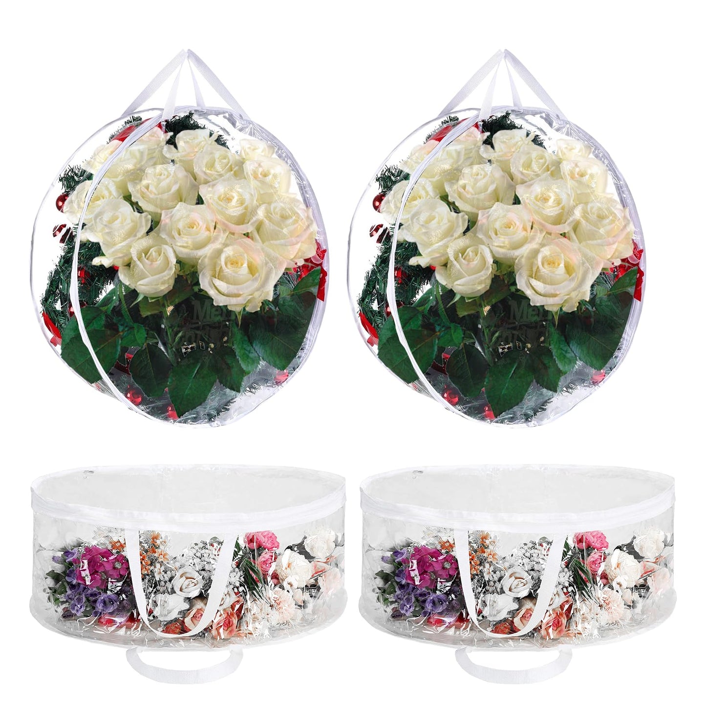 4 PCS Clear Wreath Storage Bag, 24x8 Inch Christmas Wreath Storage Container, Heavy Duty PVC Wreath Protector with Handle for Xmas Holiday Seasonal Wreath Garland (White)