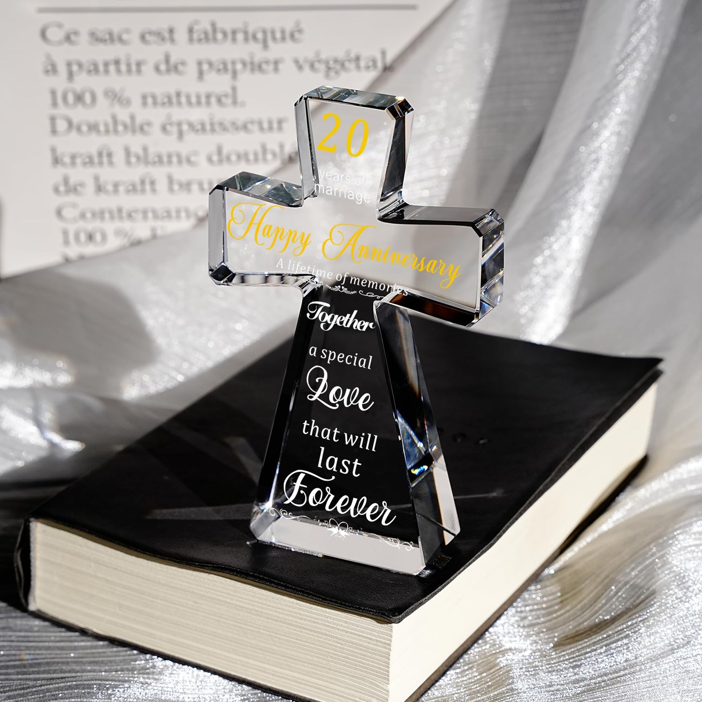 JOASURA 20th Wedding Anniversary Crystal Cross Gifts for Couple, 4x6” Laser Engraved 20 Years of Marriage Religious Gift for Parents