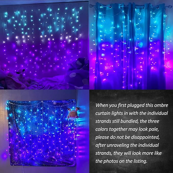 Curtain Lights for Bedroom Waterfall Led Light String PurpleTeal Ombre Hanging Fairy Mermaid Lights for Kids Teen Room Decor Window Ocean Sea Kawaii Easter Decor Girls Gift (Turquoise & Purple)
