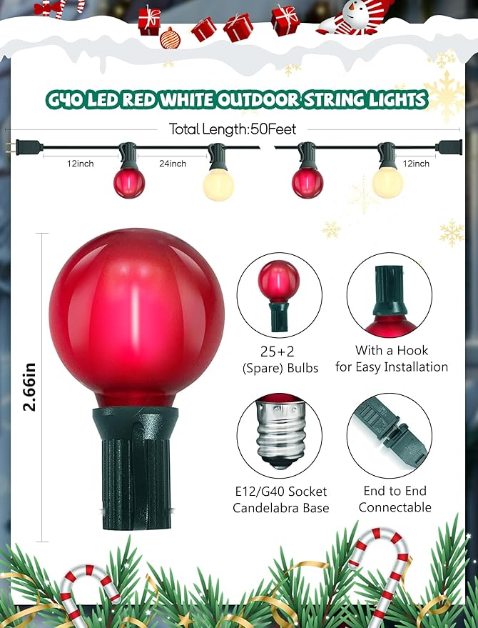 Abeja G40 Globe Patio String Light, 50Ft G40 Red White String Lights with 27 G40 LED Bulbs(2 Spare), Hanging Patio Globe String Light for Christmas Garden Holiday Party Decor-Green Line