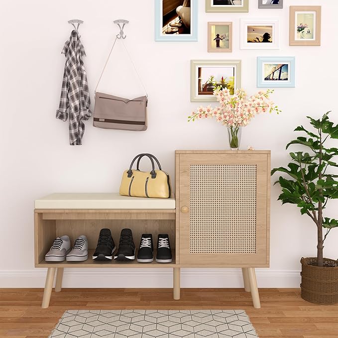 2-in-1 Shoe Storage Bench with Removable Seat Cushion, PP Rattan Shoe Cabinet with Rattan Doors, Modern Entryway Bench, Shoes Storage Organizer for Entryway Hallway Small Space, Natural