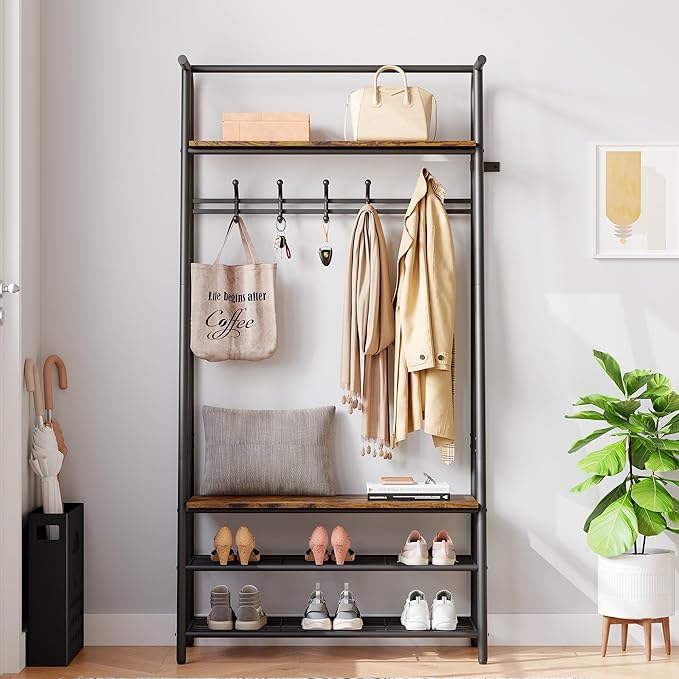 4-In-1 Hall Tree Entryway Organizer with 5 Hooks and Shoe Storage Bench, Sturdy Metal Frame, Wood Look Accent for Coat, Hat, and Bag Organization in Entryway, Living Room, or Bedroom