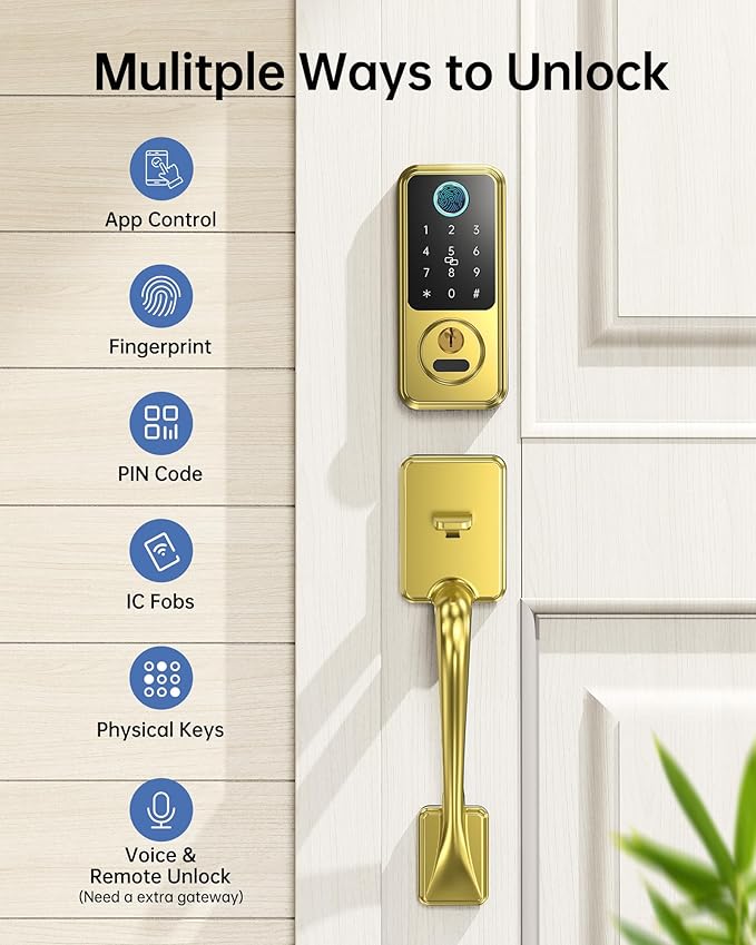 Hornbill Smart Lock for Front Door, Keyless Entry Door Lock with Handleset, Smart Deadbolt Lock for Home/New House, Auto-Lock, Brushed Gold