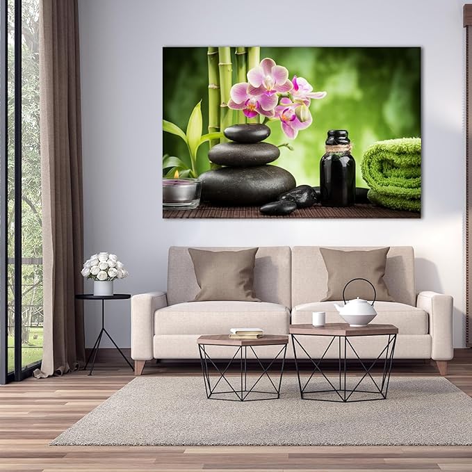 GUTTATY Zen Wall Art Decor, Modern Bathroom Zen Decor Wall Art, Large Canvas Wall Art for SPA Zen Room Decor, Green Bamboo and Pebble Relaxing Art Prints for Office & SPA Wall Decor 32x48 Inches