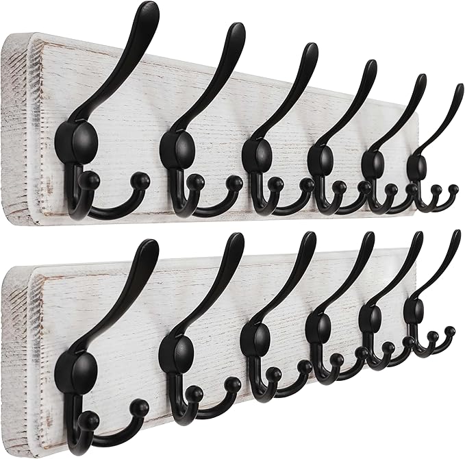 Dseap Coat Rack Wall Mounted - 24" Long 6 Tri Hooks, Heavy Duty Wooden Wall Coat Hanger Coat Hook for Clothes Hat Jacket Clothing, White and Black, Pack of 2