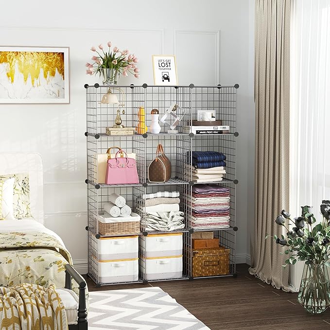 C&AHOME Wire Cube Storage, 12 - Cube Organizer Metal C Grids, Modular Shelves Units, Closet Organizer, Ideal for Home, Office, Living Room, 36.6”L x 12.4”W 48.4”H, Silver Gray UWCS3012G