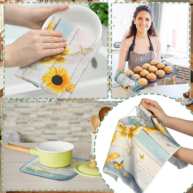 Fourluoo 10 Pcs Sunflower Kitchen Decor and Accessories Set Sunflower Kitchen Towels and Rugs Oven Mitts and Pot Holders for Cooking Baking Mom Housewarming Gifts