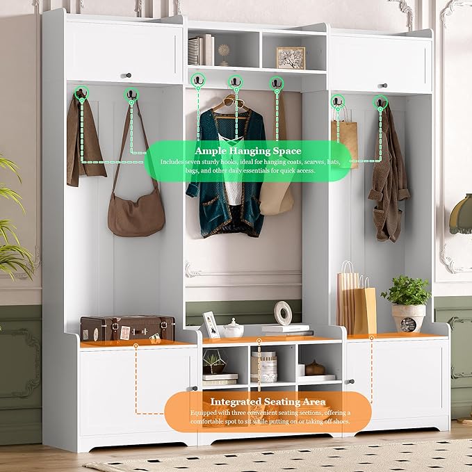 79.1''Wide Modern Hall Tree with Shoe Storage and 7 Coat Hooks, 4-in-1 Entryway Bench with 8 Cubbies and Adjustable Shelf for Hallway, Living Room (White/78)