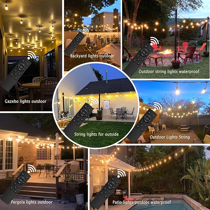150FT String Lights for Outside Remote Controlled Waterproof with 48pcs Replaceable S14 Warm Bulbs for Patio, Gazebo, Pergola, Backyard Bistro Lights, 2200K, Linkable, 1-Pack