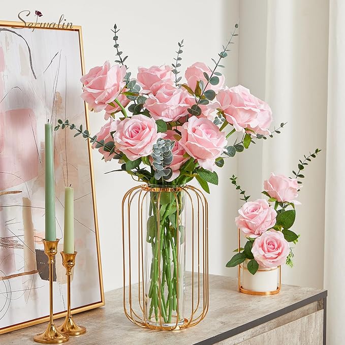 Serwalin 20pcs Bright Pink Artificial Roses, 4'' Big Flower Head, Velvet Roses Real Touch, Silk Fake Roses Long Stem Realistic Bouquet for Wedding Table Centerpiece and Home Decor